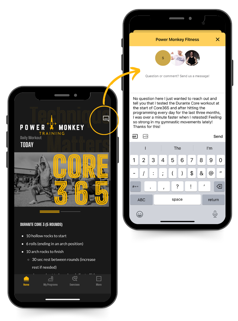 Phone image of the Chat with us feature in the Power Monkey Training app. A user is asking the coach about the Core365 program. 