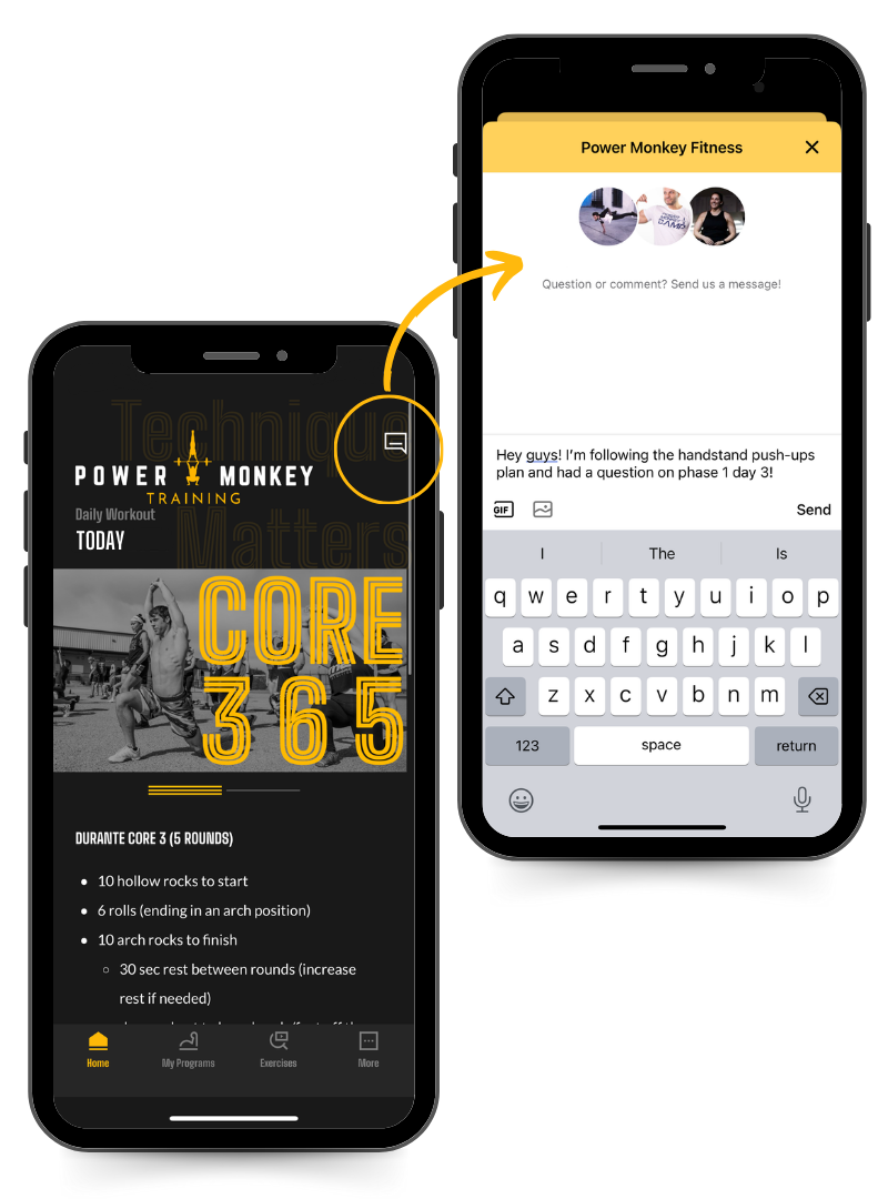 Phone image of the chat with us feature in the Power Monkey Training app. A user is asking a coach about the "get your first handstand push-up program" program.