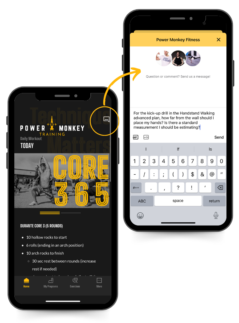 Phone image of the Chat with us feature in the Power Monkey Training app. A user is asking the coach about the Handstand Walking advanced plan.