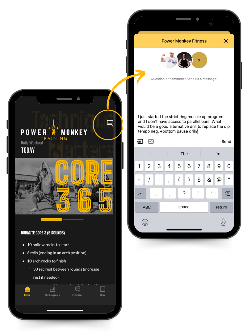 Phone screen image of the Chat with us feature in the Power Monkey Training App. A customer is writing in and asking the coach about the Strict Ring Muscle-up program.