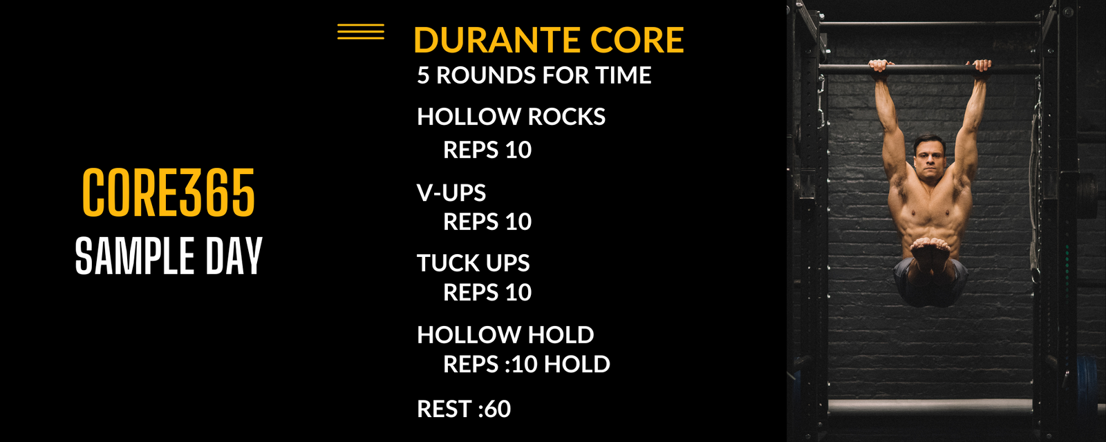 Sample day of programming in the Core365 app in the Power Monkey Training app. The workout is durante core and includes a photo of david durante in a hanging L Sit.