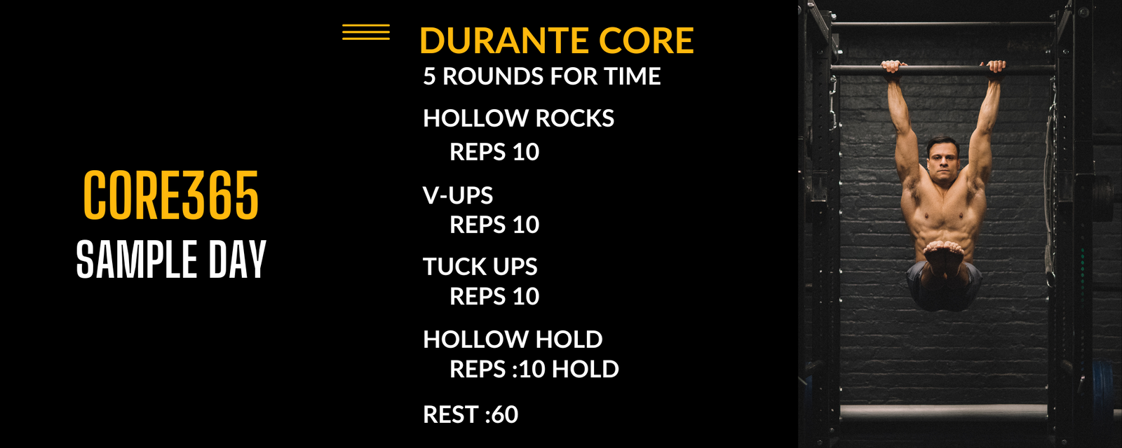 Sample day of programming in the Core365 app in the Power Monkey Training app. The workout is durante core and includes a photo of david durante in a hanging L Sit. 