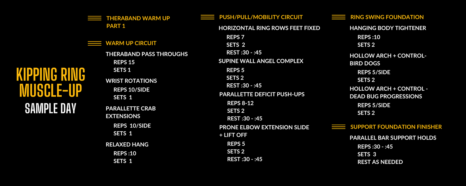 Kipping ring muscle up sample day of programming in the power monkey training app.