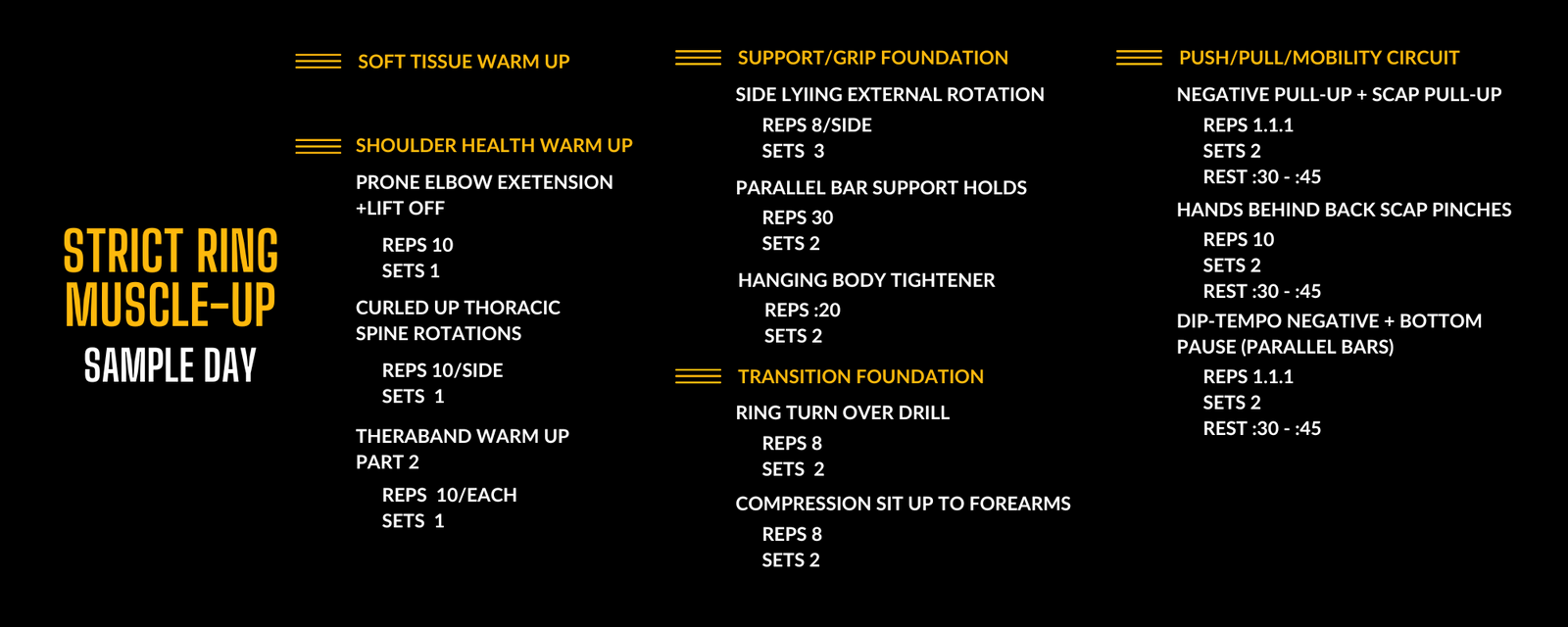 Sample Day program of the Strict Ring Muscle Up plan in the Power Monkey Training app.