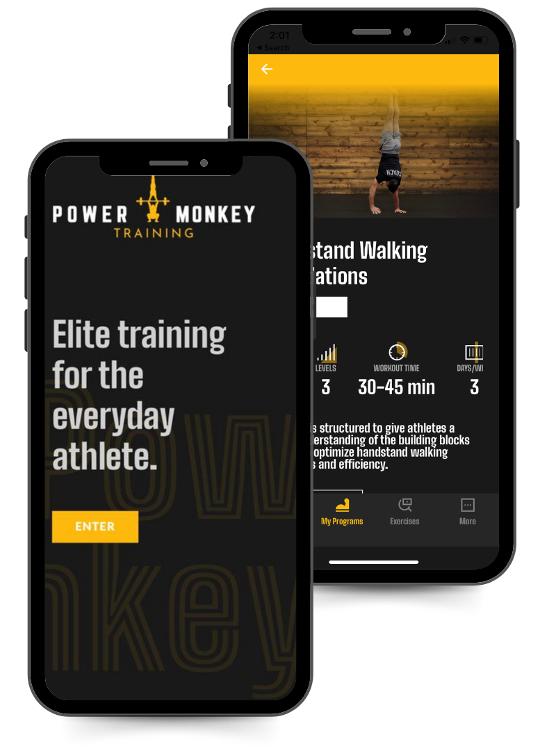 Cell phone images of the Power Monkey Training app.