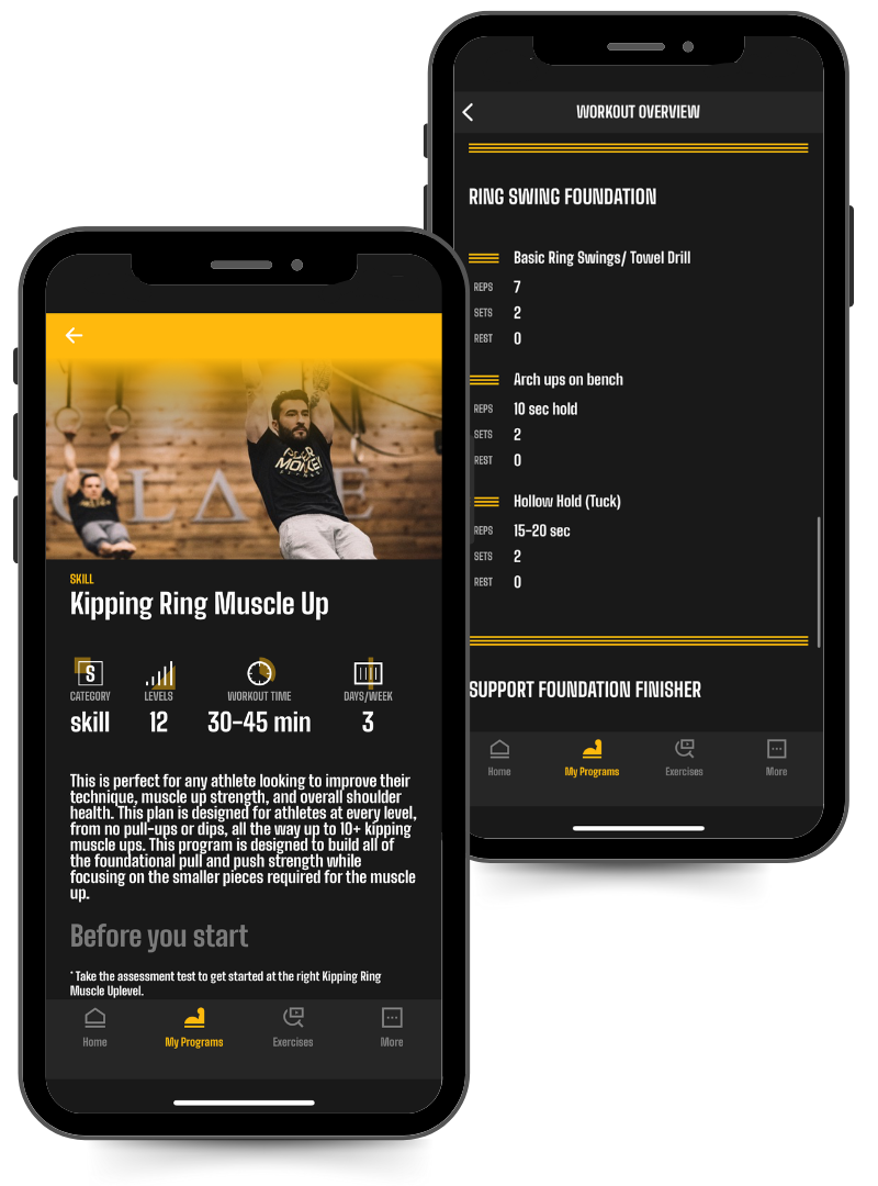 Phone image of the Get your first Kipping Ring Muscle-Up in the Power Monkey Training app.