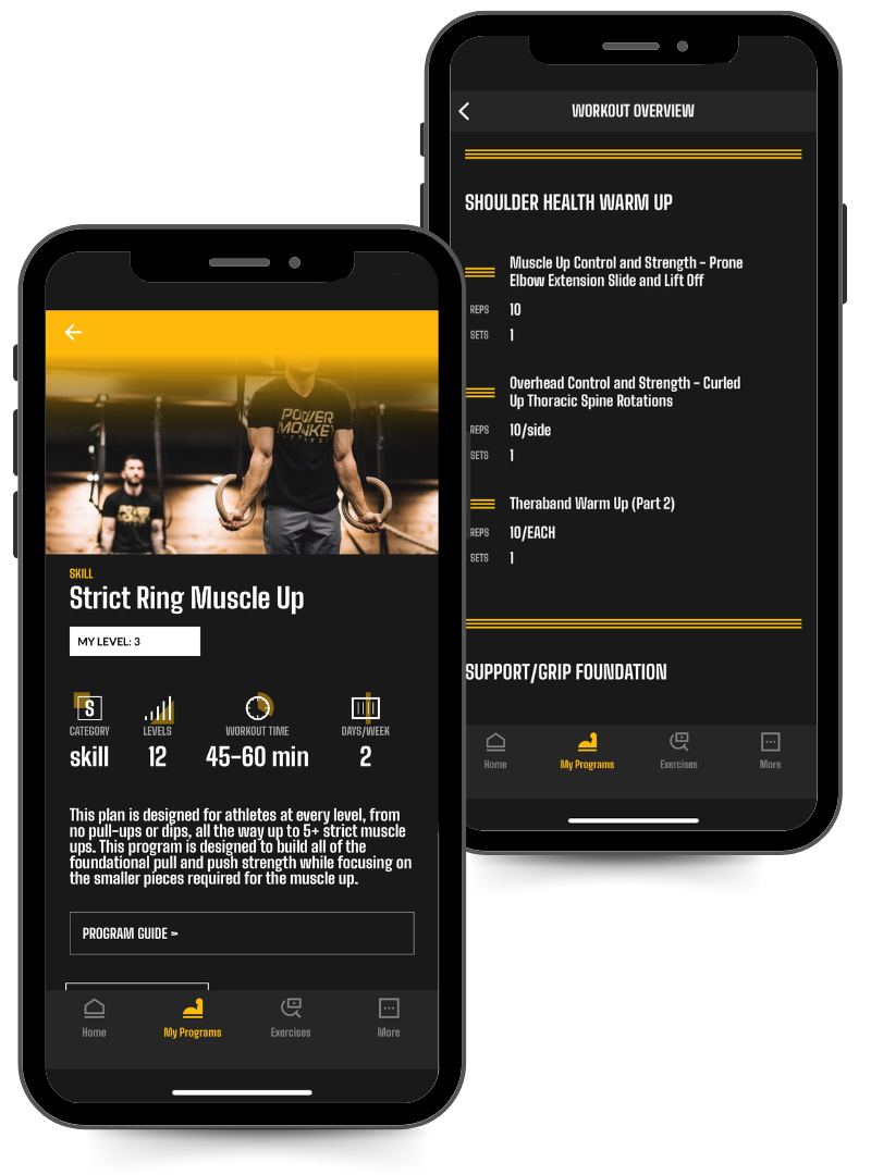 Phone image of the Strict Ring Muscle-Up program in the Power Money Training app. It also includes a snapshot of the overview page of the program.