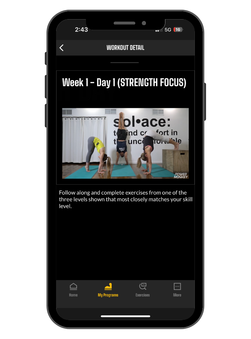 Phone Screen Image of the Week 1 Day 1 video of the Handstand Basics follow along program in the Power Monkey Training app. 