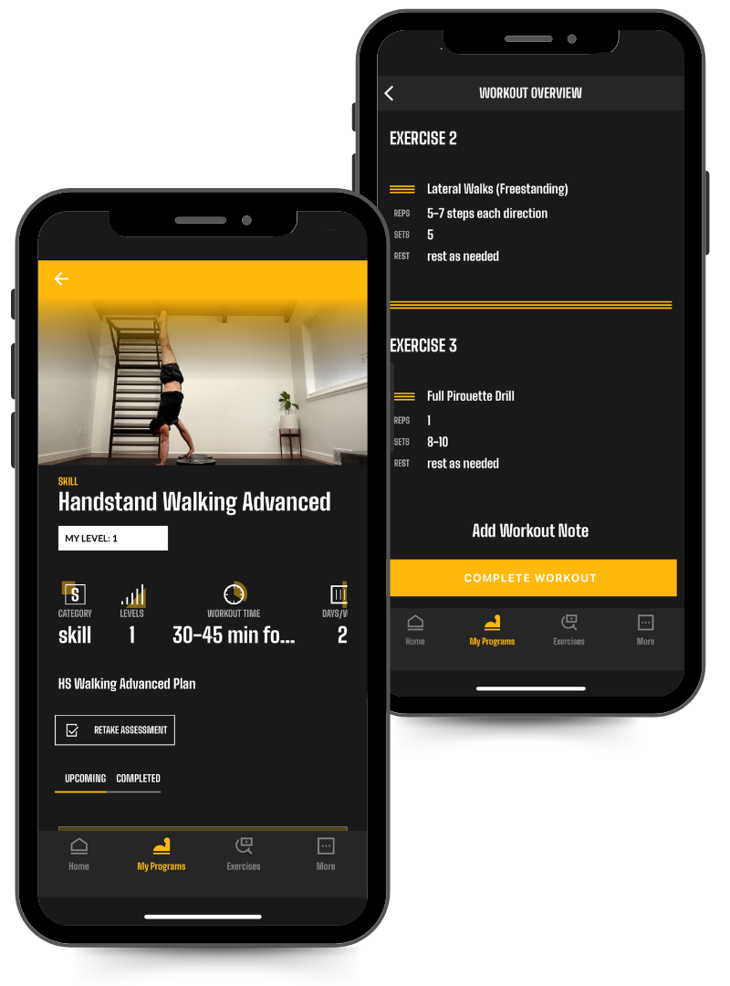 Phone image of the Handstand Walking advanced program in the Power Monkey Training app. 