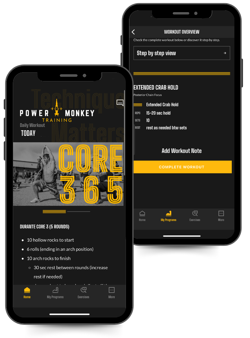 Phone screen image of the Core365 program in the Power Monkey Training app. 