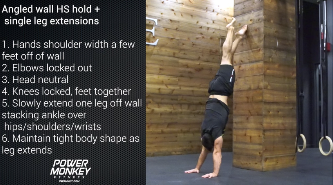 Monkey-Method: Angled wall handstand hold + single leg extensions
