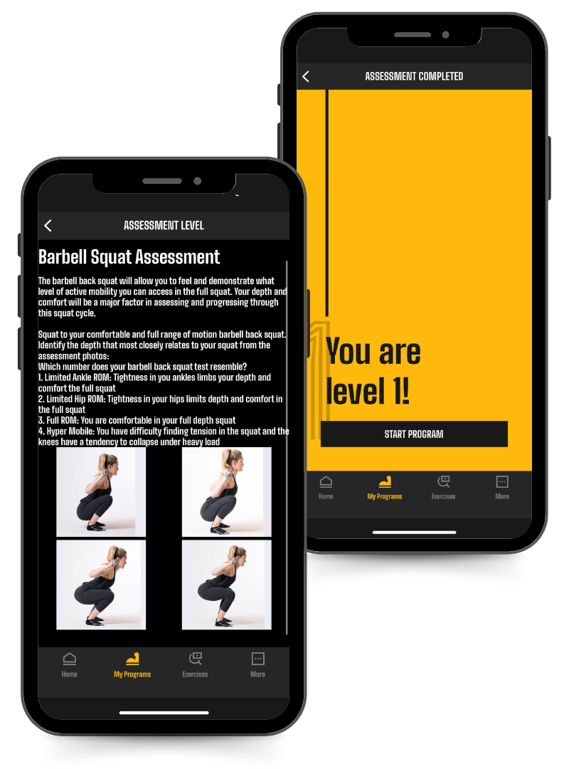 Phone screen image of the Back Squat Volume Builder Assessment in the Power Monkey Training app.