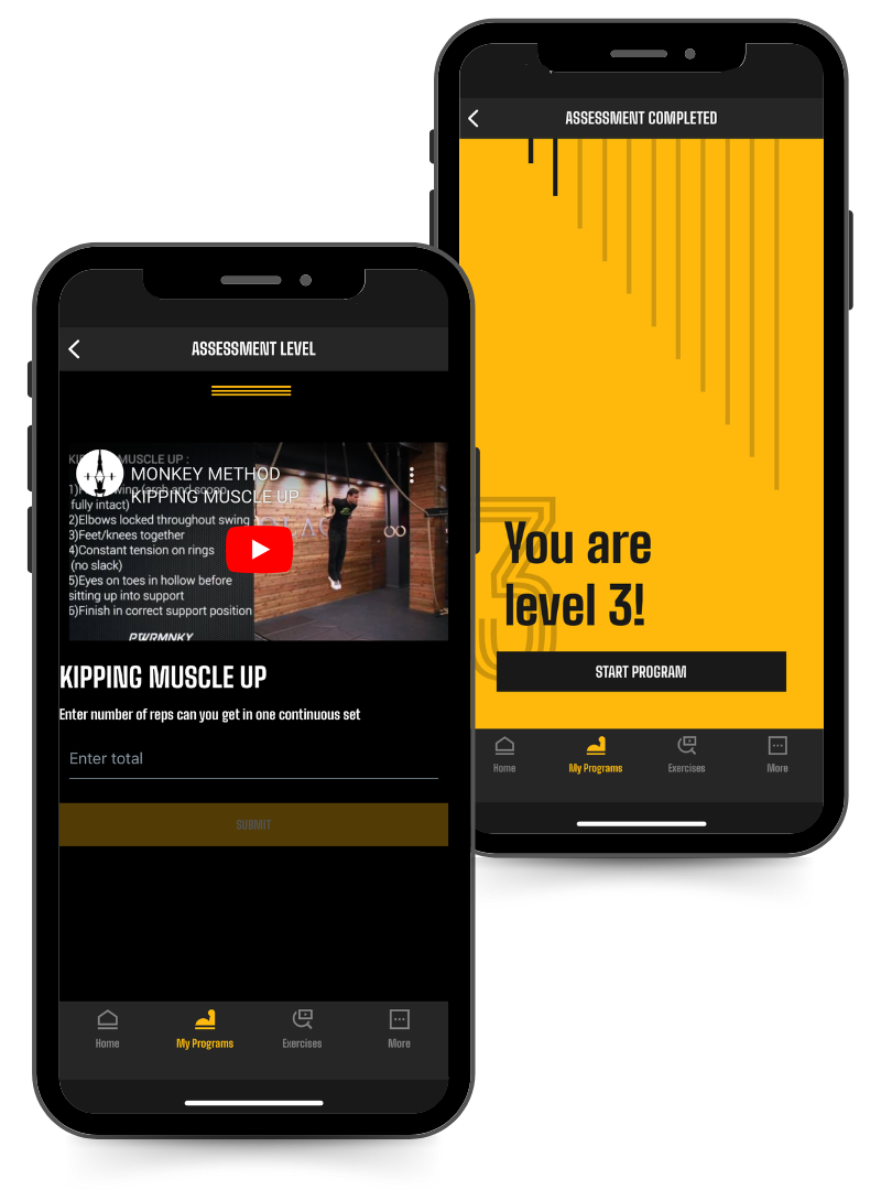Phone screen image of the assessment levels in the Power Monkey Training app for the Kipping Ring Muscle-Up Volume Builder plan. 