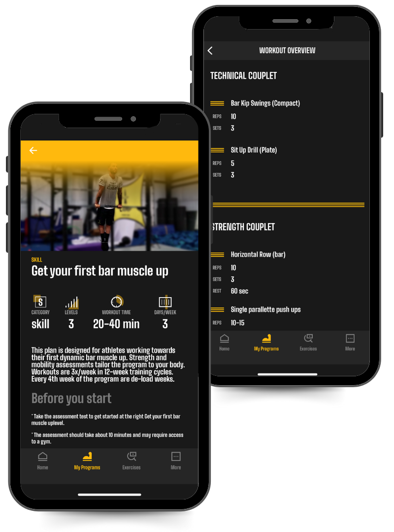 Phone screen image of the Get your first Bar Muscle Up program in the Power Monkey Training app.