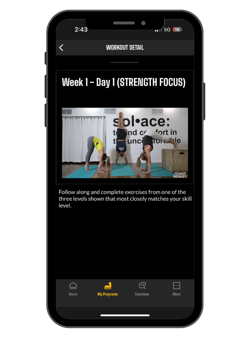 Phone Screen Image of the Week 1 Day 1 video of the Handstand Basics follow along program in the Power Monkey Training app.