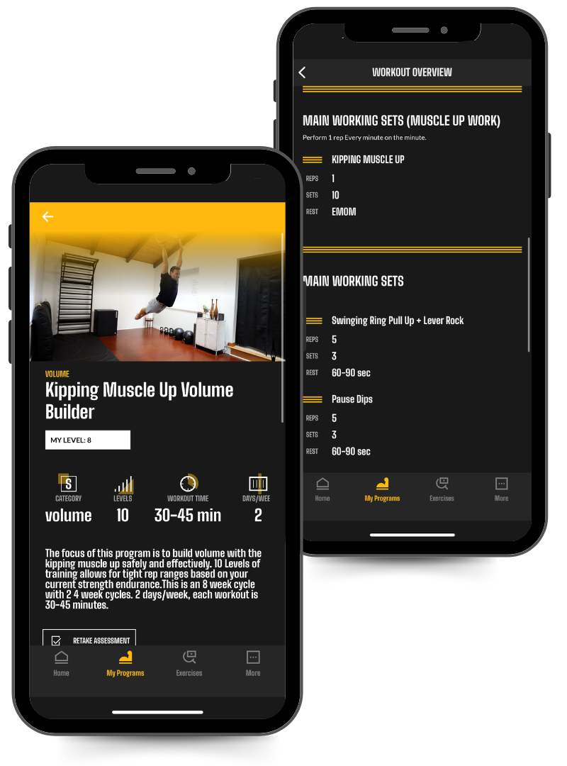 Phone screen image of the Kipping Ring Muscle up Volume Builder in the Power Monkey Training app. 