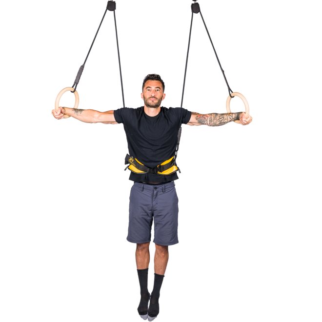 Image of a man performing an iron cross in the Power Monkey Ring Thing to promote the Ring Thing Iron Cross program in the Power Monkey Training app. 
